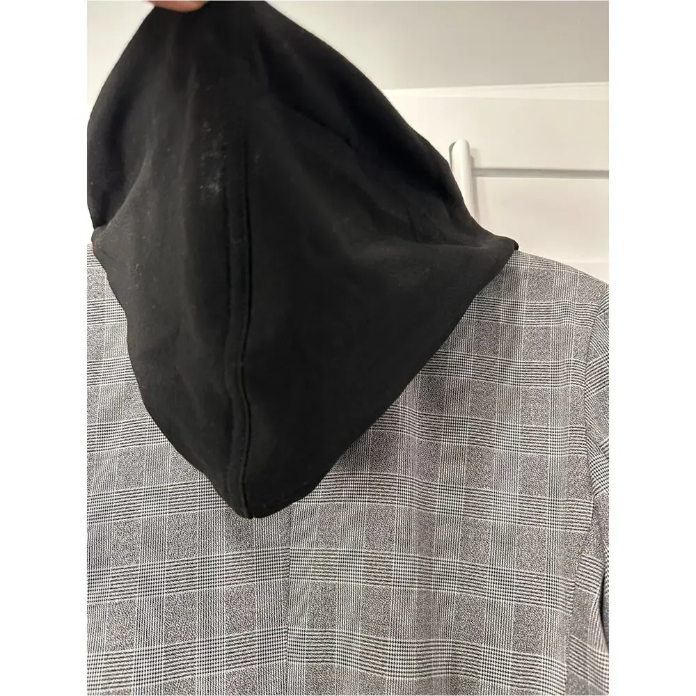 Kenneth Cole New York Glen Plaid Hooded Blazer Jacket Large Gray Black Stretch